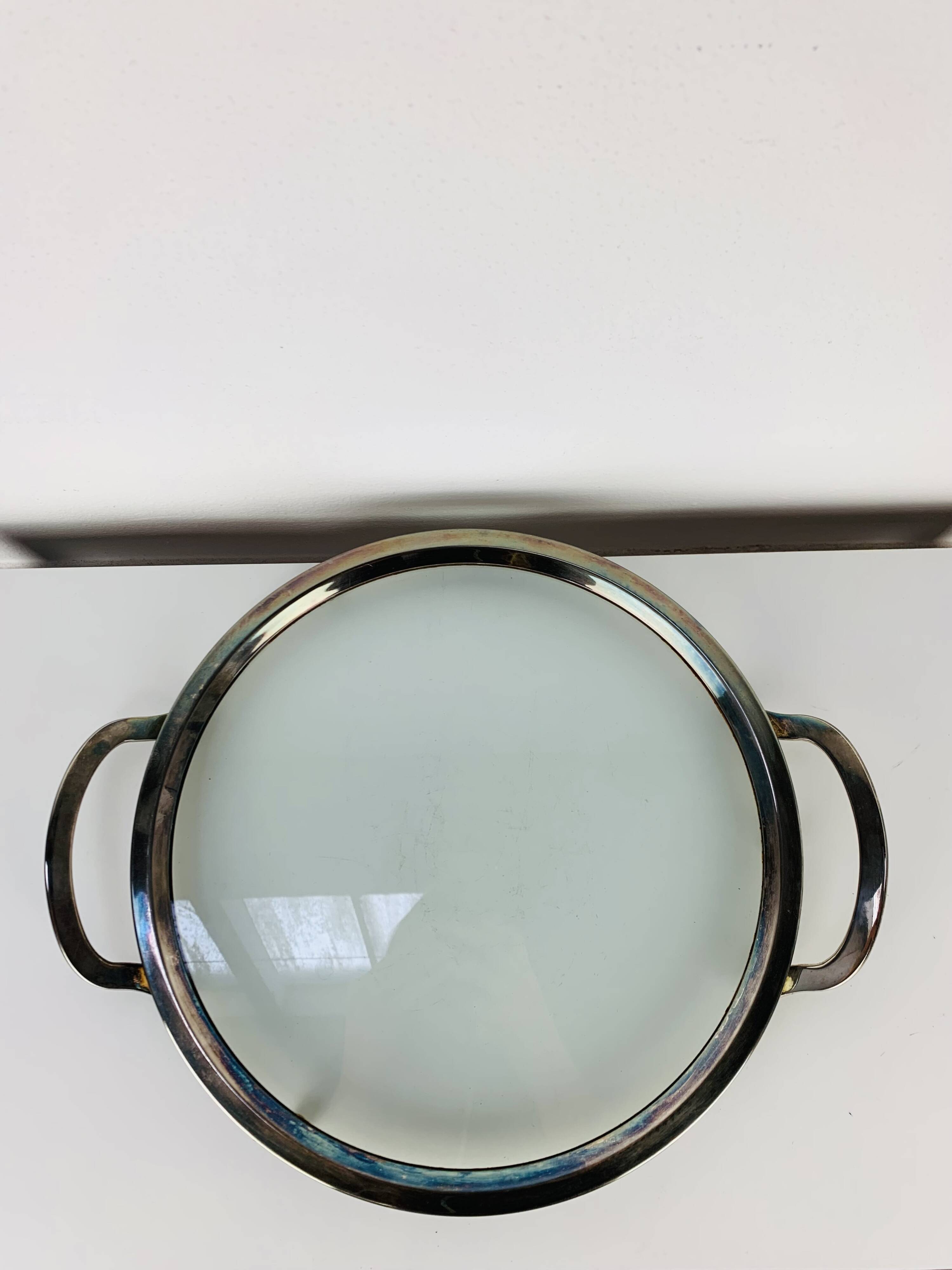 Plateau en métal argenté et verre, vintage