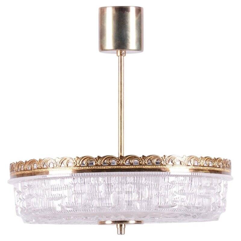 Mid-Century Chandelier in Glass and Brass attributed to Kamenický Šenov, Czech, 1960s