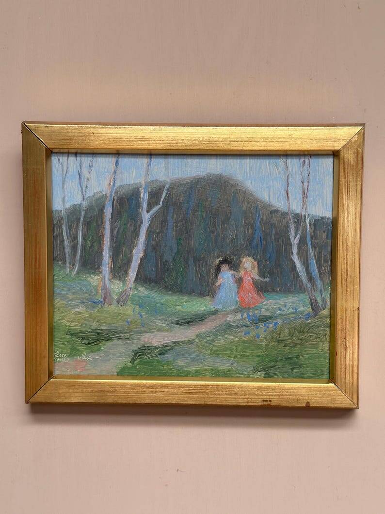 Mid-Century Swedish Oil panel “Sisters” by Gösta Geerd, Vintage & Framed 28×25cm