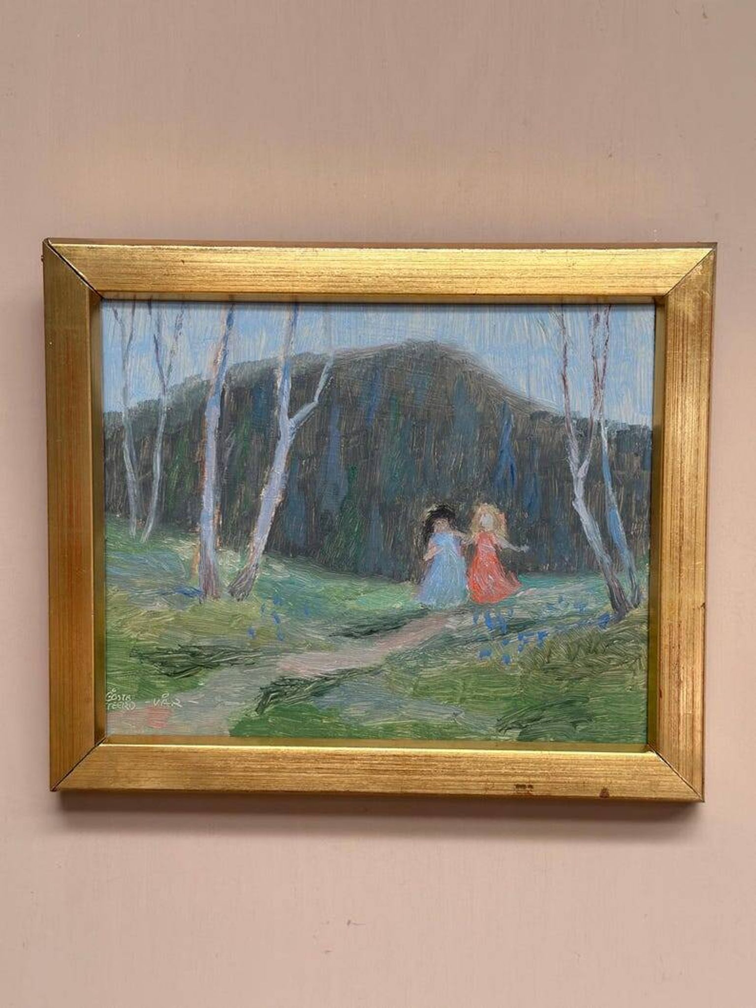 Mid-Century Swedish Oil panel “Sisters” by Gösta Geerd, Vintage & Framed 28×25cm