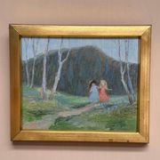 Mid-Century Swedish Oil panel “Sisters” by Gösta Geerd, Vintage & Framed 28×25cm