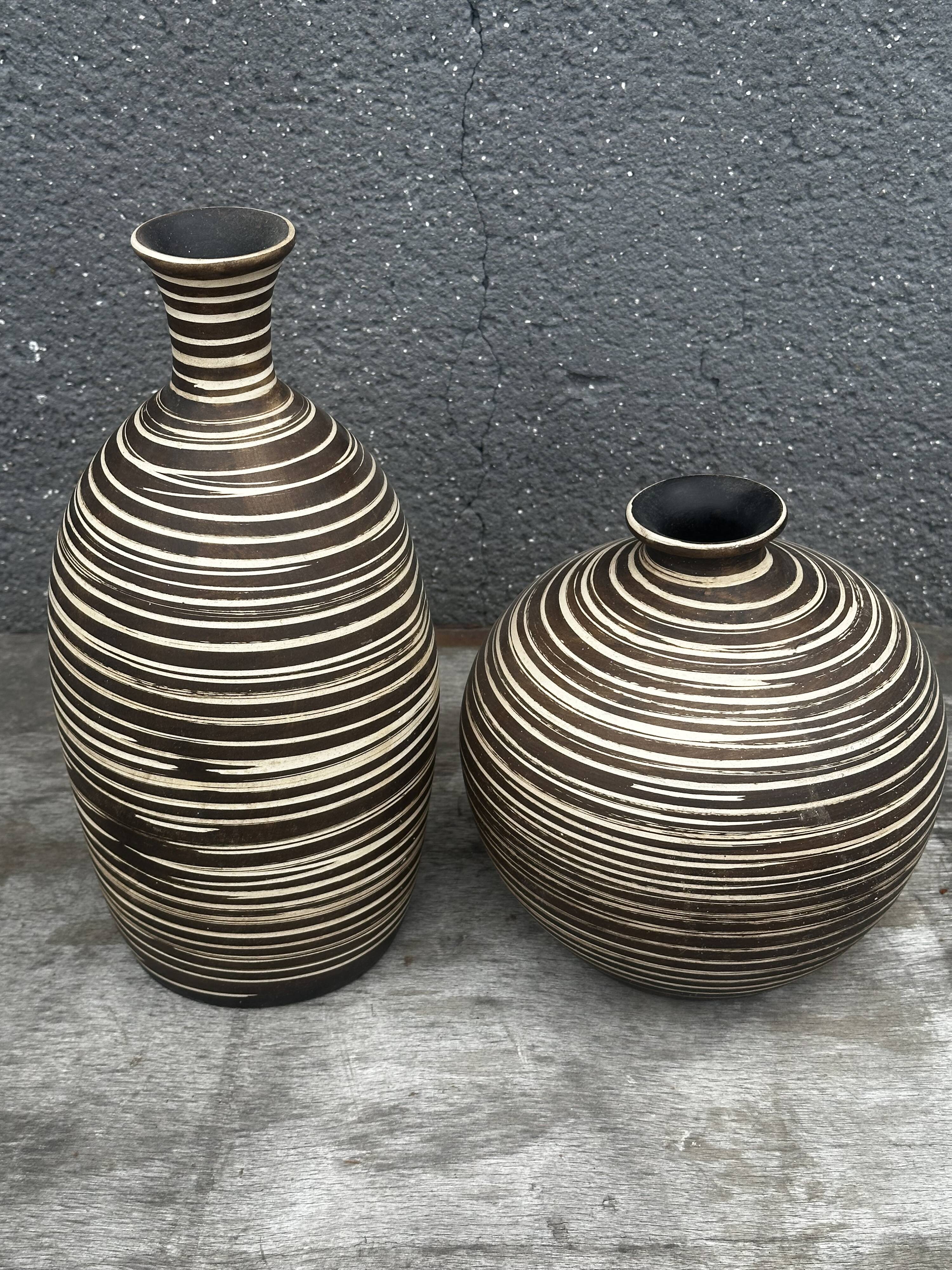 Two Vintage Ethnic Ceramic Vases in Cream and Brown Striped