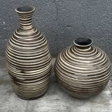 Two Vintage Ethnic Ceramic Vases in Cream and Brown Striped
