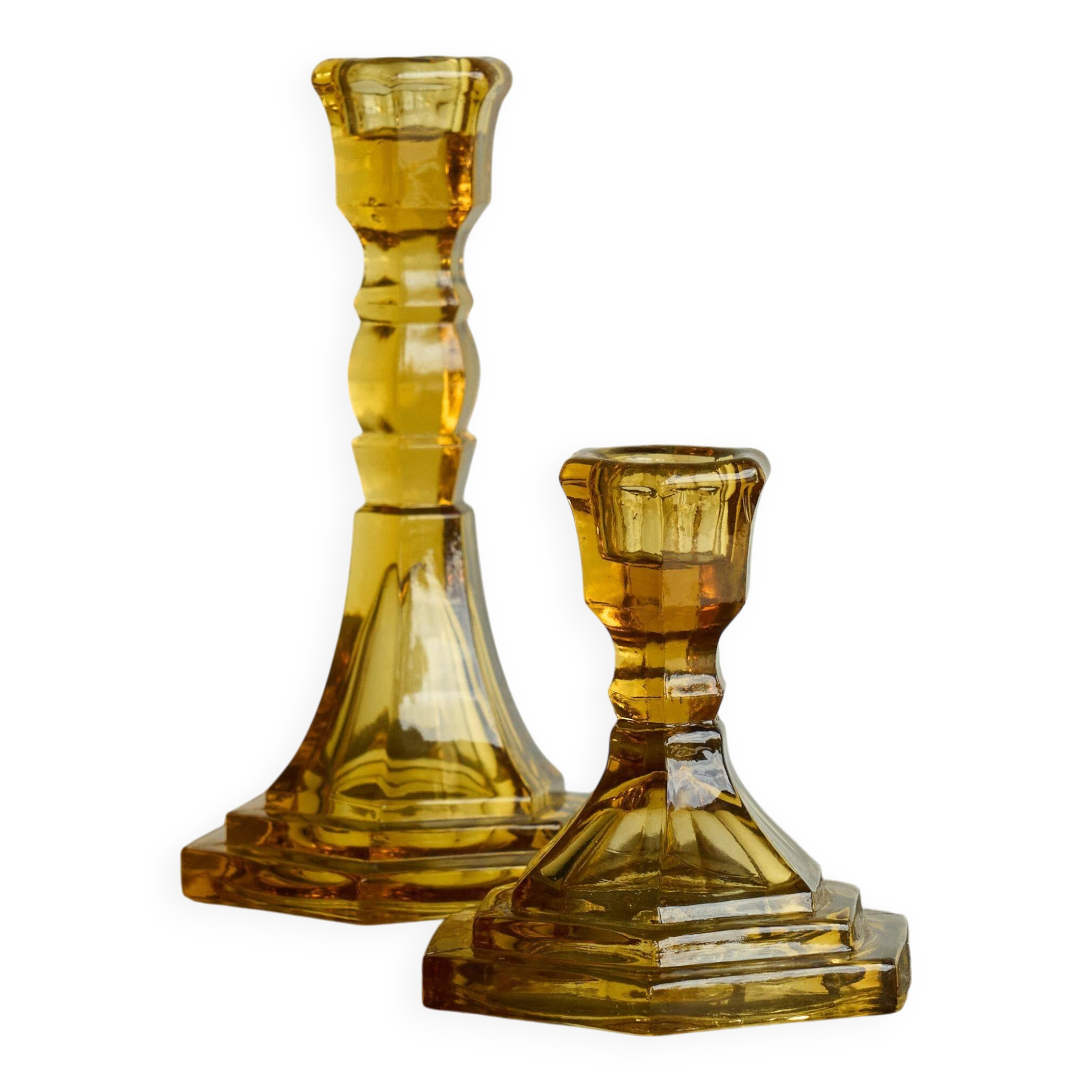 Pair of Art Deco candlesticks in pressed glass from the 1930s.