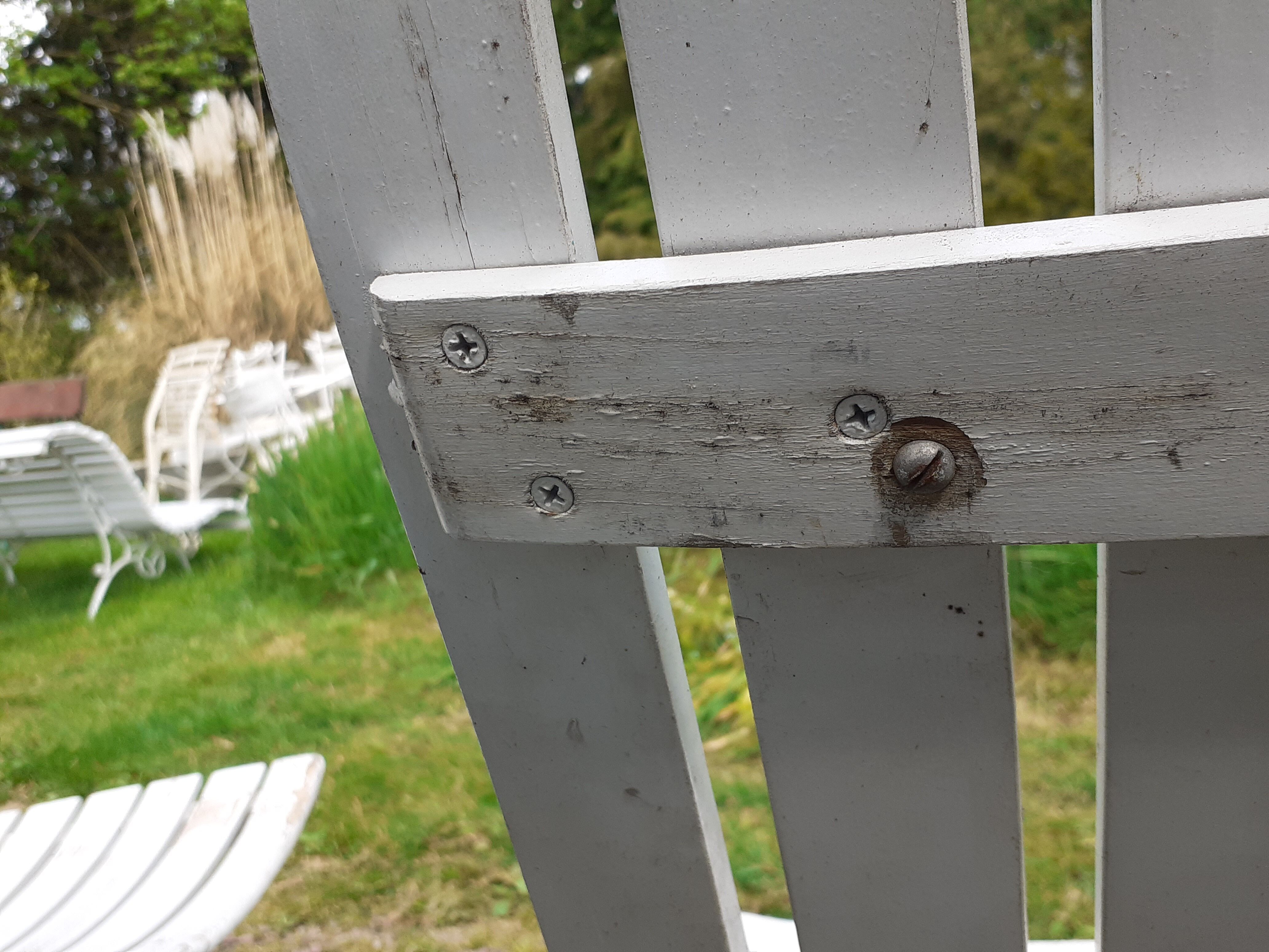 Pair of iron and old wood garden chairs