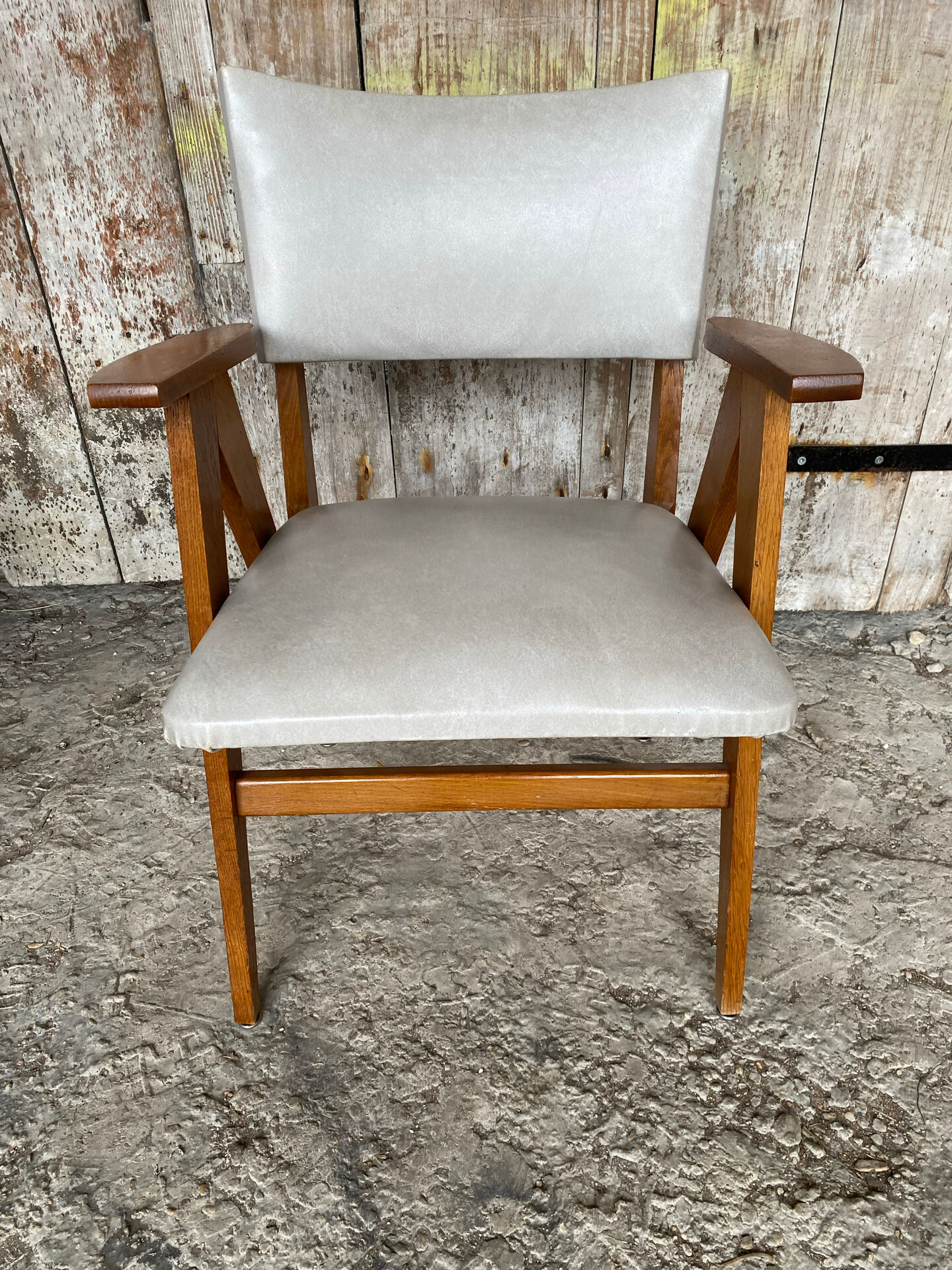 Vintage 1960s Scandinavian Bridge Armchair Wood + Grey Faux Leather