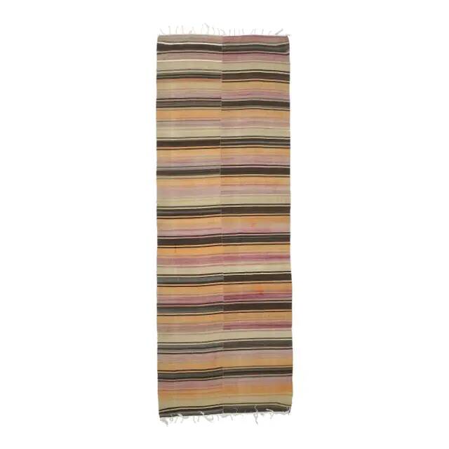 Vintage Turkish Hand-Knotted Wool Cotton Orange Kilim Runner Rug 127x391