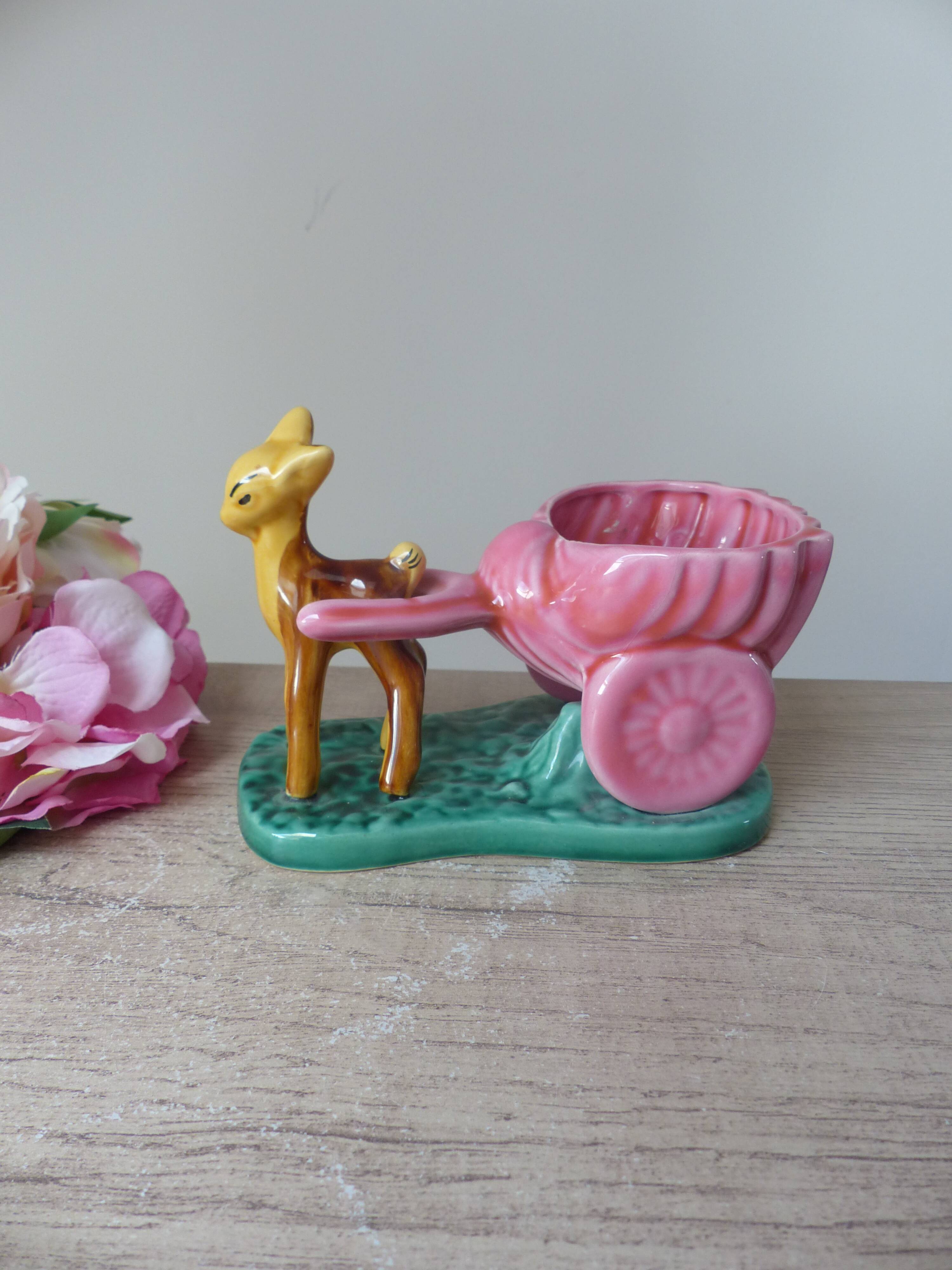 Pot, vase, small doe fawn planter pulling a vintage ceramic cart