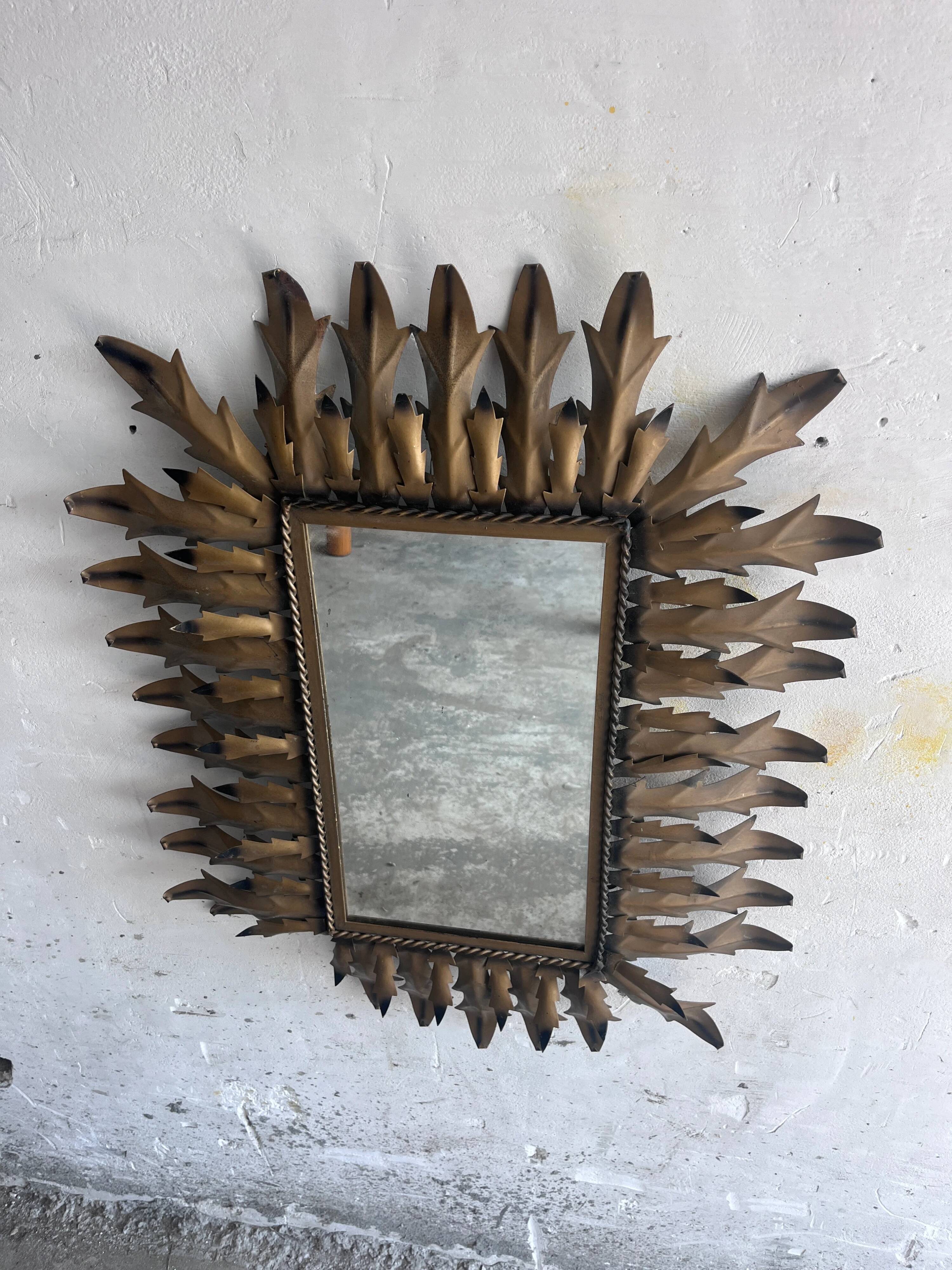 Brutalist sun mirror in wrought iron, 1960s