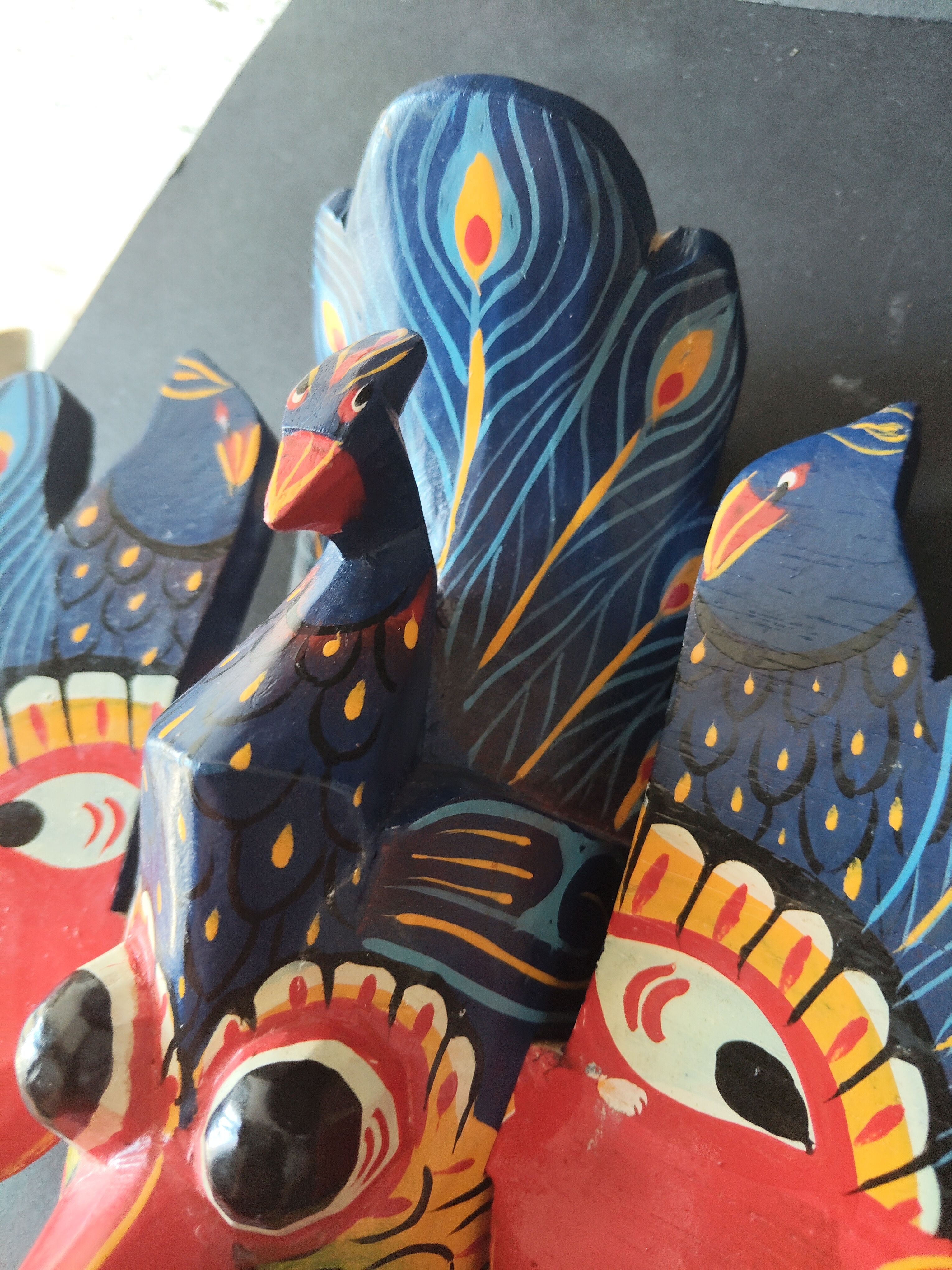 Ancient Balinese mask carved and painted – Stylised peacock – Art p