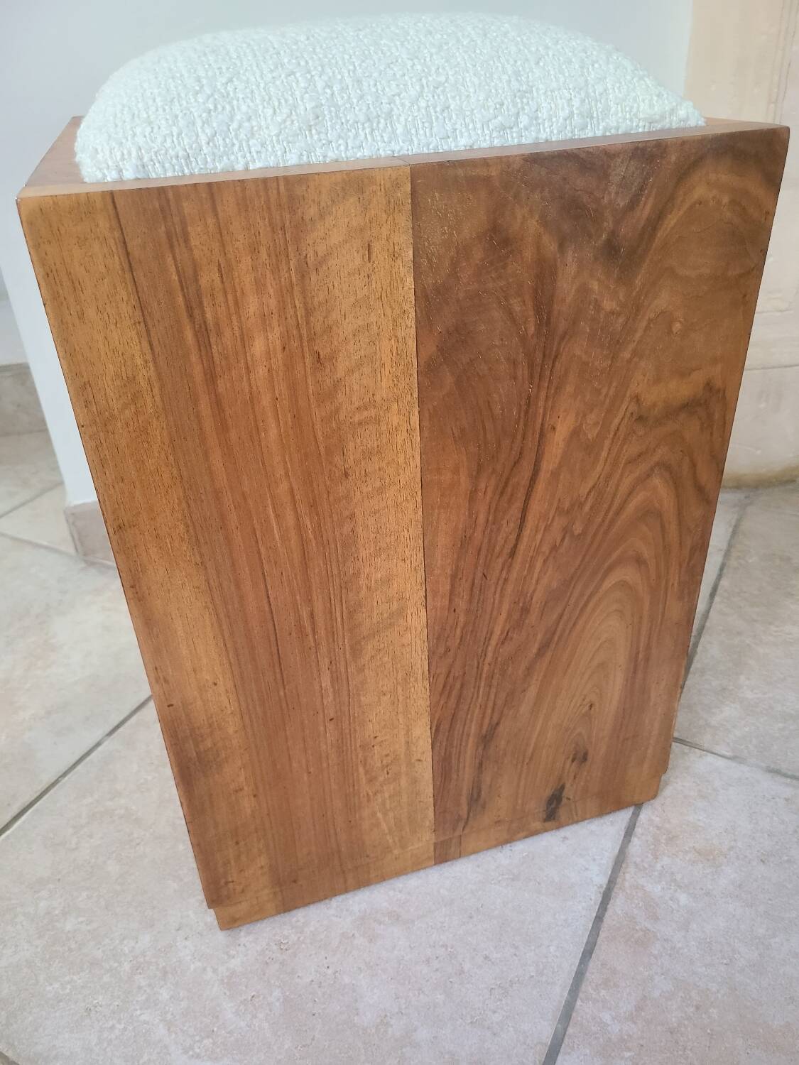 Antique Art Deco piano bench stool rosewood white bouclette fabric