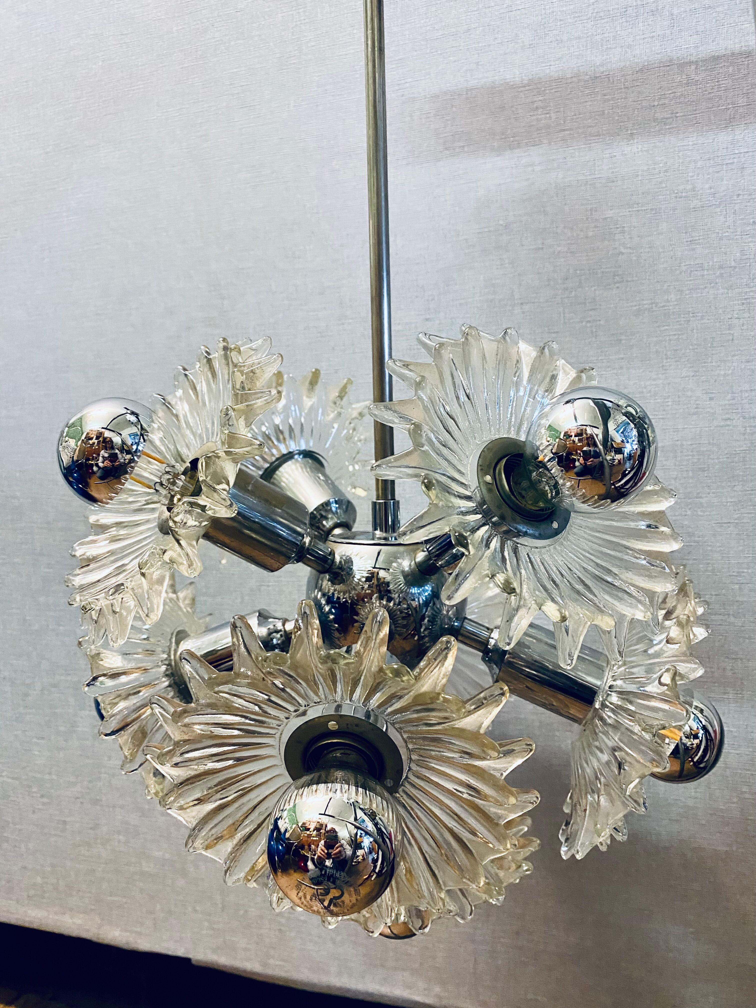 1970s german cosack sputnik dandelion hanging light chrome, glass