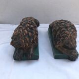 Pair old greenhouse books lions terracotta painted vintage decoration