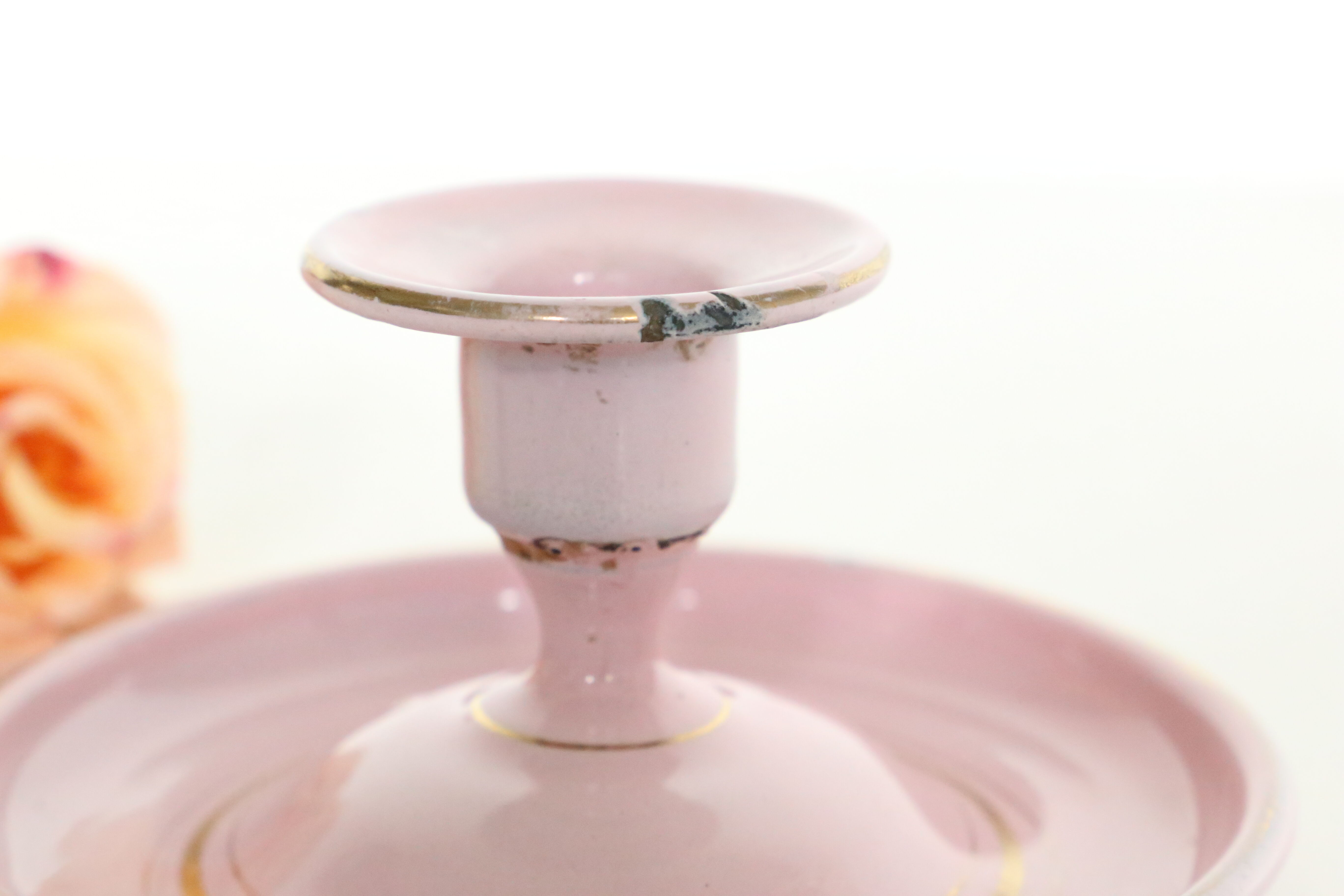 Pink cellar rat candleholder, enamelled metal, vintage