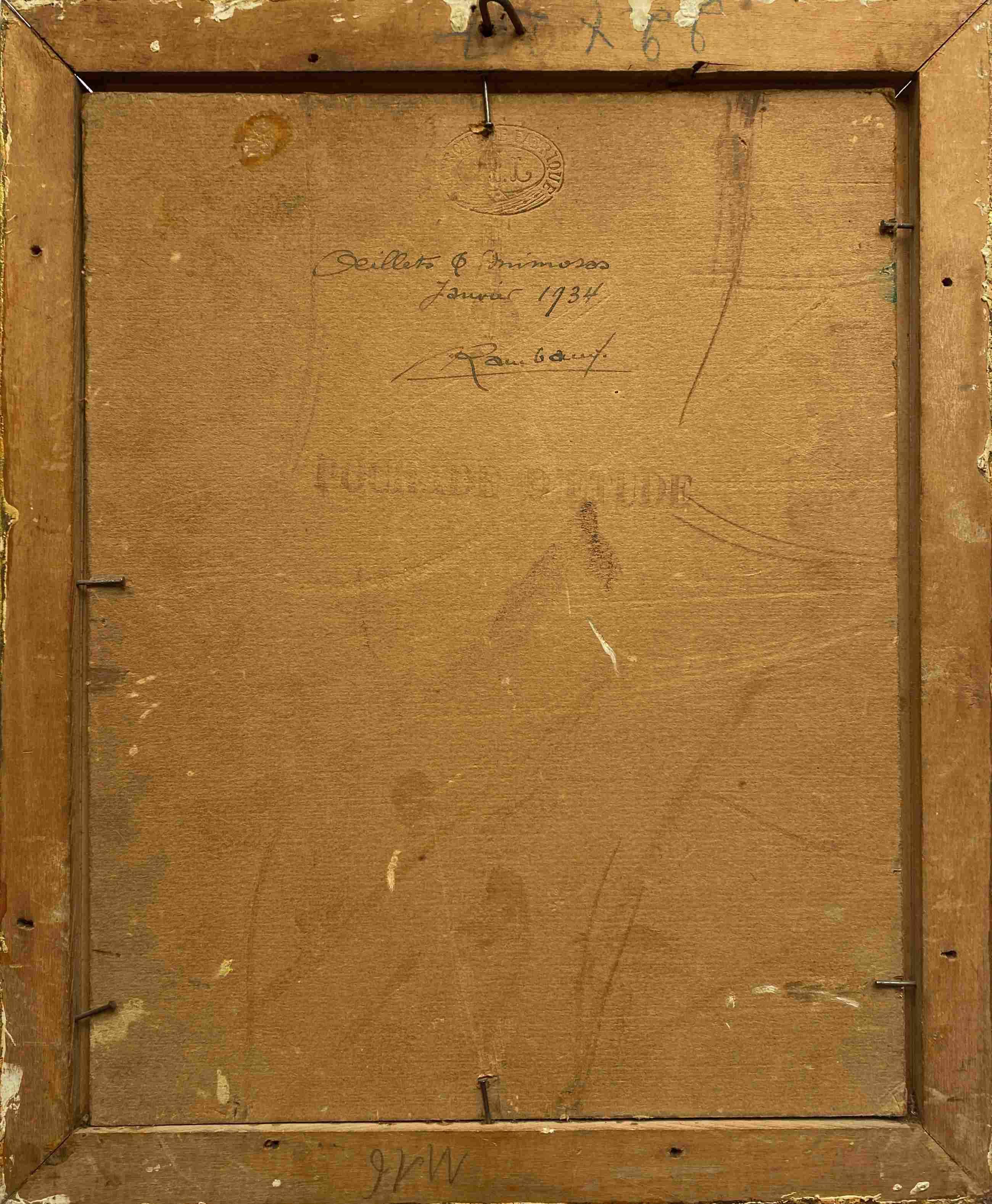 HSP painting "Bouquet of carnations and mimosas" 1934 by Victor RAMBAUD (1902-1996)