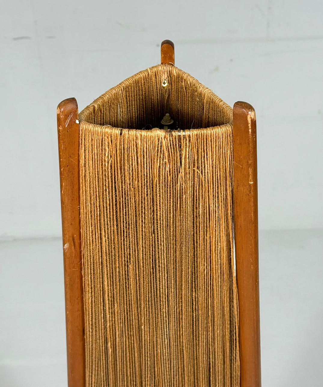 Mid-century floor lamp, sisal/teak wood, Temde, Switzerland, 1960s.
