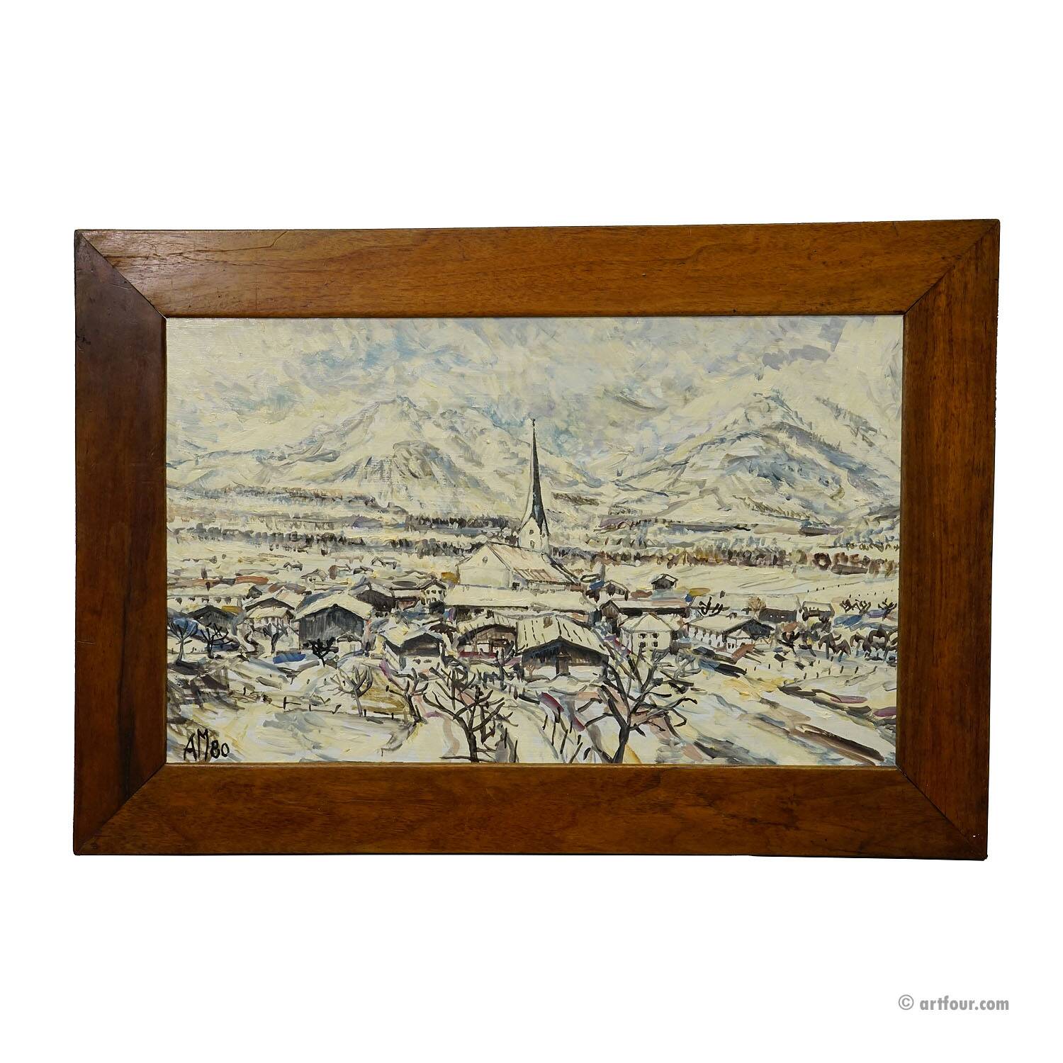 Oil painting by Alexander Michael of Bergen in winter 1980.