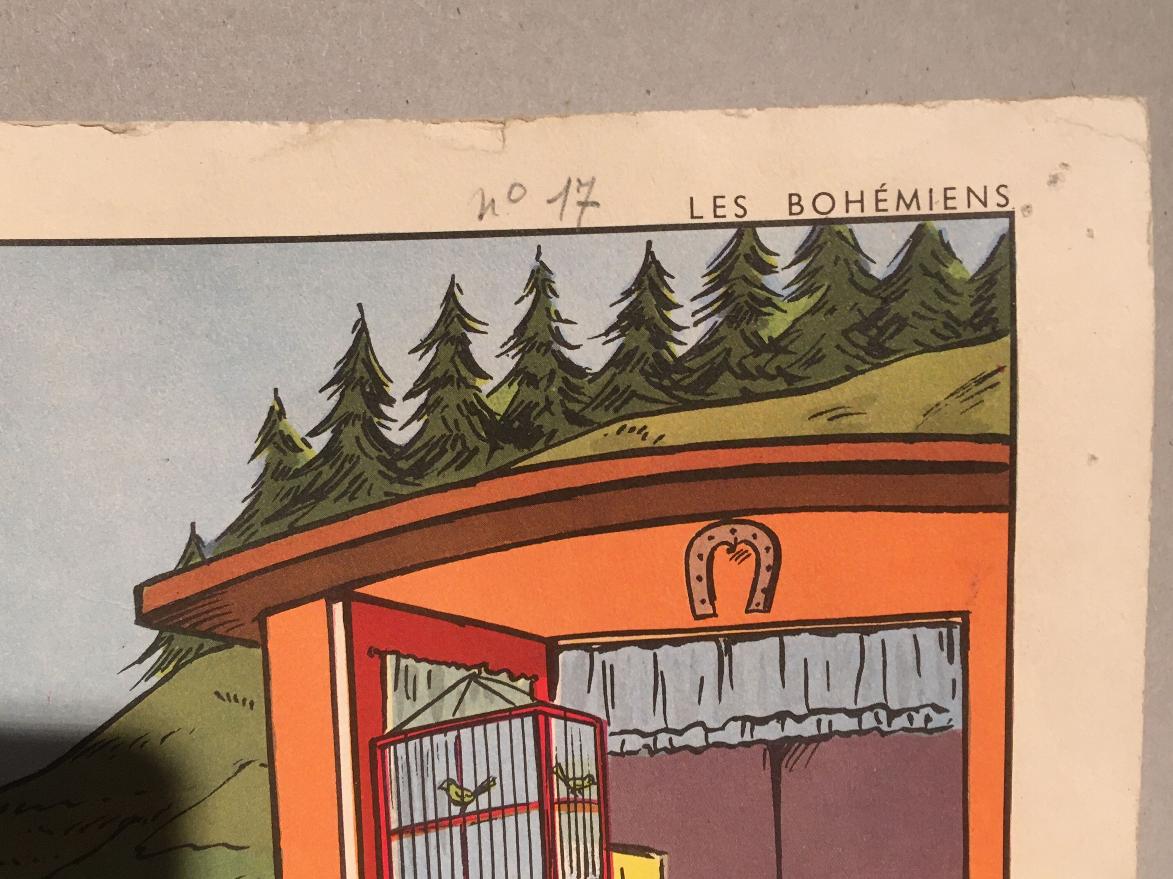 Affiche scolaire école vintage scène de vie recto « Les bohémiens" verso "Vacances au bord de la mer" pour Rossignol années 50