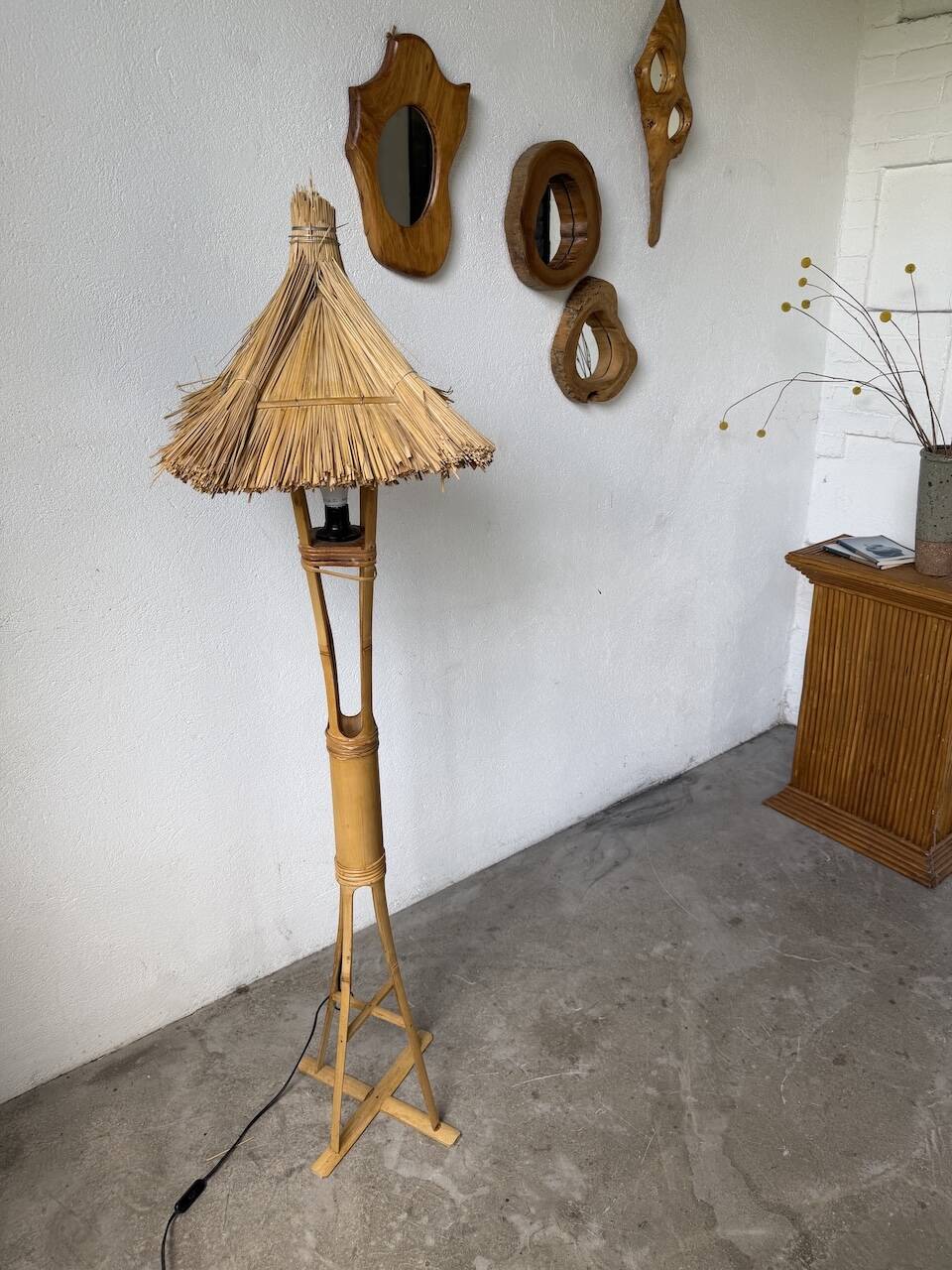 Bamboo and straw floor lamp 1980