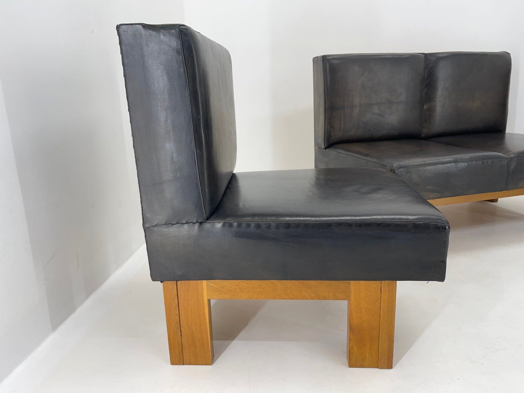 Leather & Oak Wood Modular Sofa and Chairs, 1970's