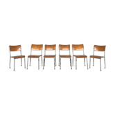 Série de 6 chaises d'école industrielle vintage empilable 1950 assise thermophormé