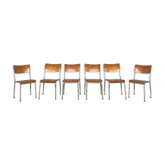 Series of 6 vintage industrial school chairs stackable 1950 thermophorized seating