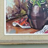 Peinture à l’huile de nature morte « pot de fleurs »  milieu du 20ème siècle