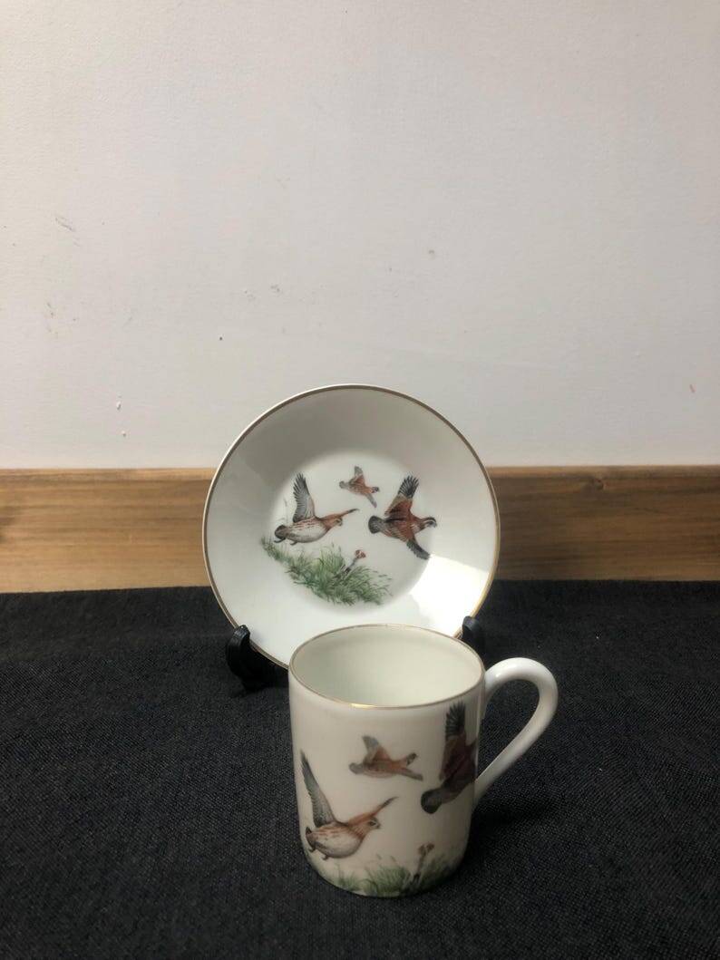 Porcelain de Paris Espresso Cup & Saucer Set: Bird Motif, Gilded, 1950s