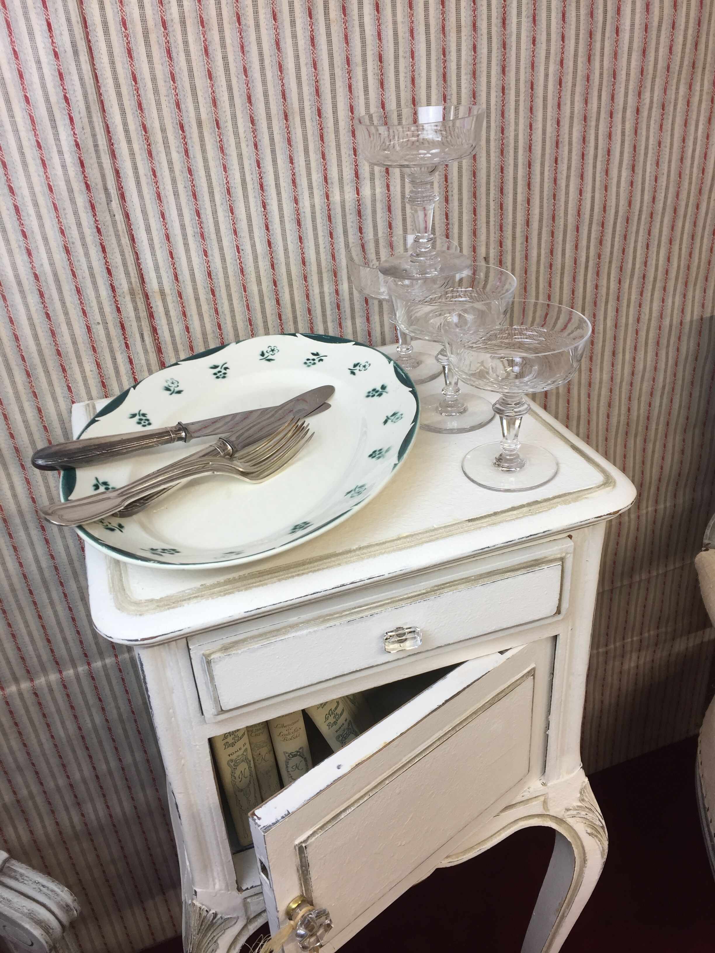 Antique oval dish made in France Digoin Sarreguemines, green flower decoration