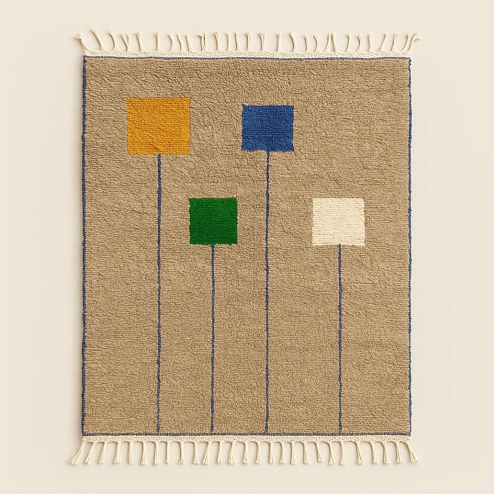 Beige Berber rug, wool, modern square patterns.