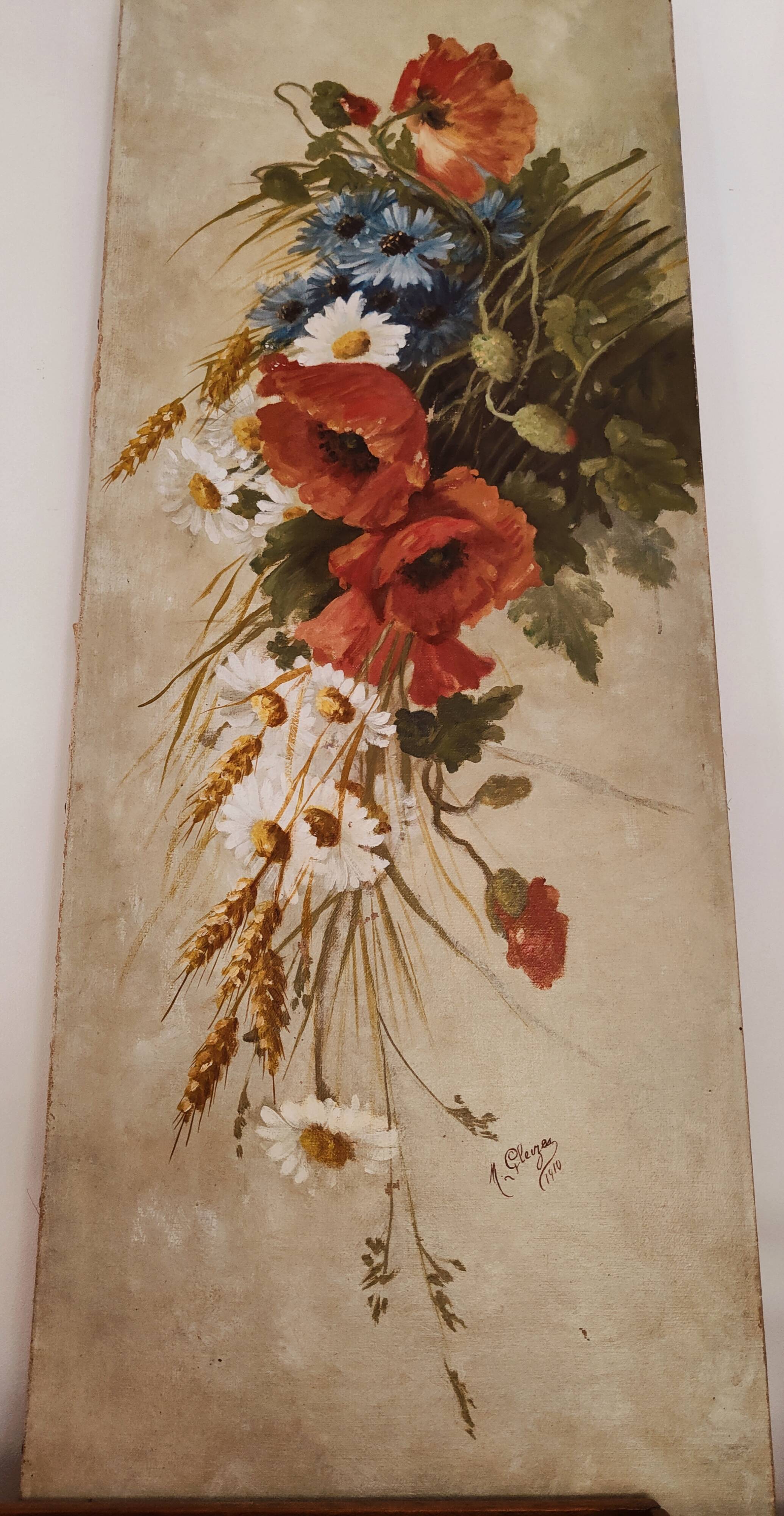 Oil painting on canvas "Country spray with poppies" 1910 signed