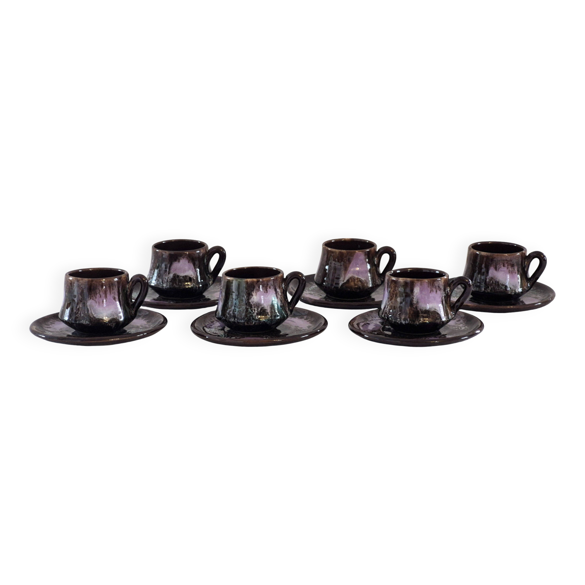 Six cups and saucers Vallauris glazed ceramic in brown and old pink.