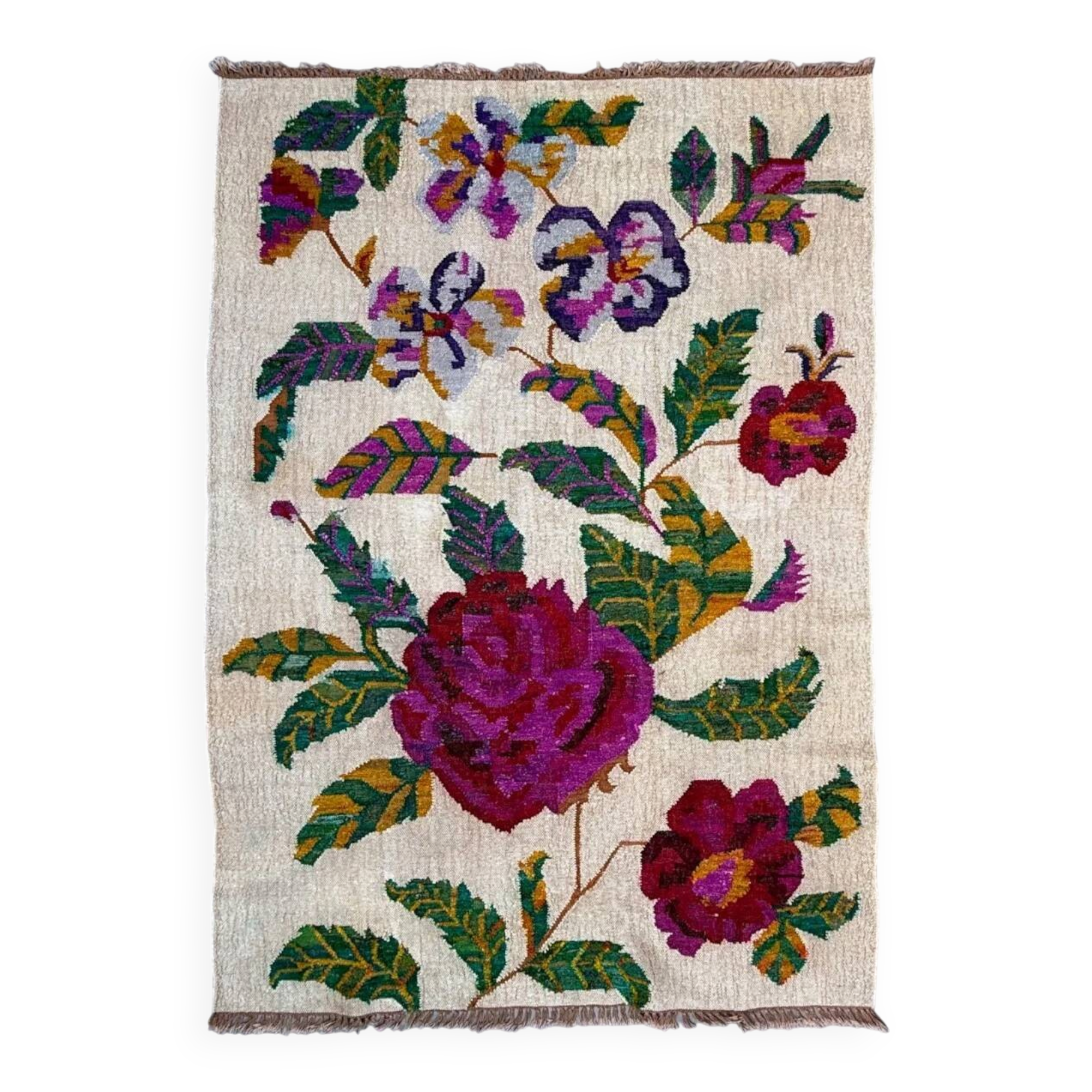 Vintage rose kilim rug 170x240cm shabby wool and silk, boho medium 2544