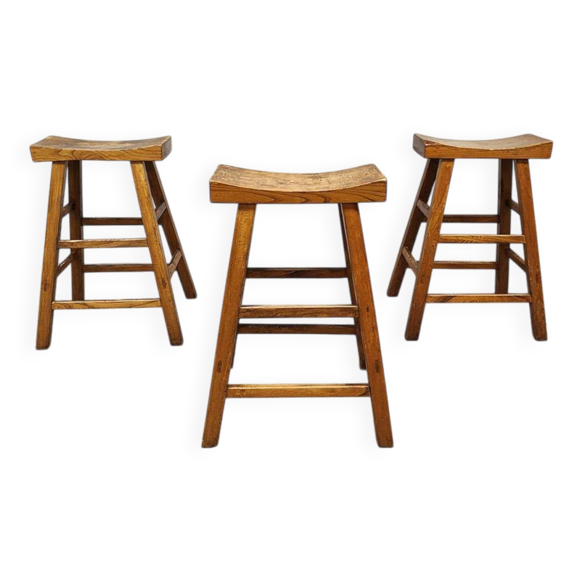 Brutalist vintage wooden curved bar stools