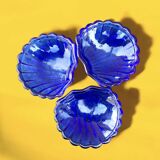 Set of 3 vintage shell butter dishes in stainless steel and cobalt blue glass