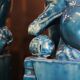 Pair of Foo dog bookends in turquoise glazed ceramic, Manises