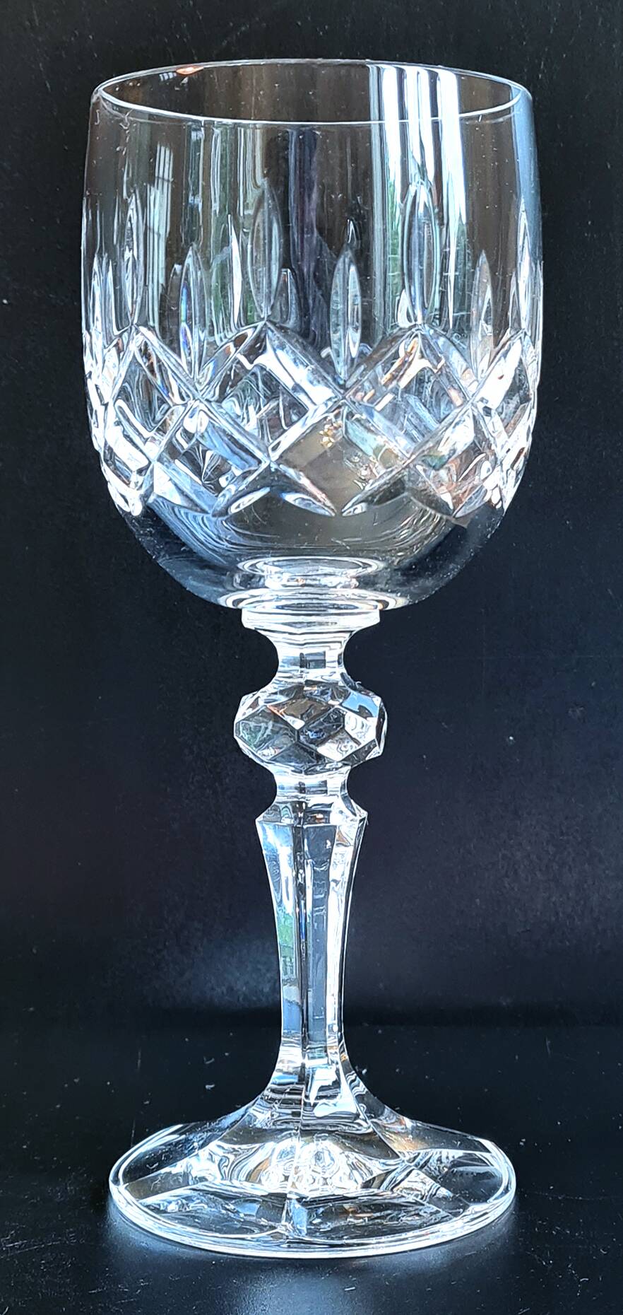 Set of three cut Bohemian Crystal Stemmed Glasses.