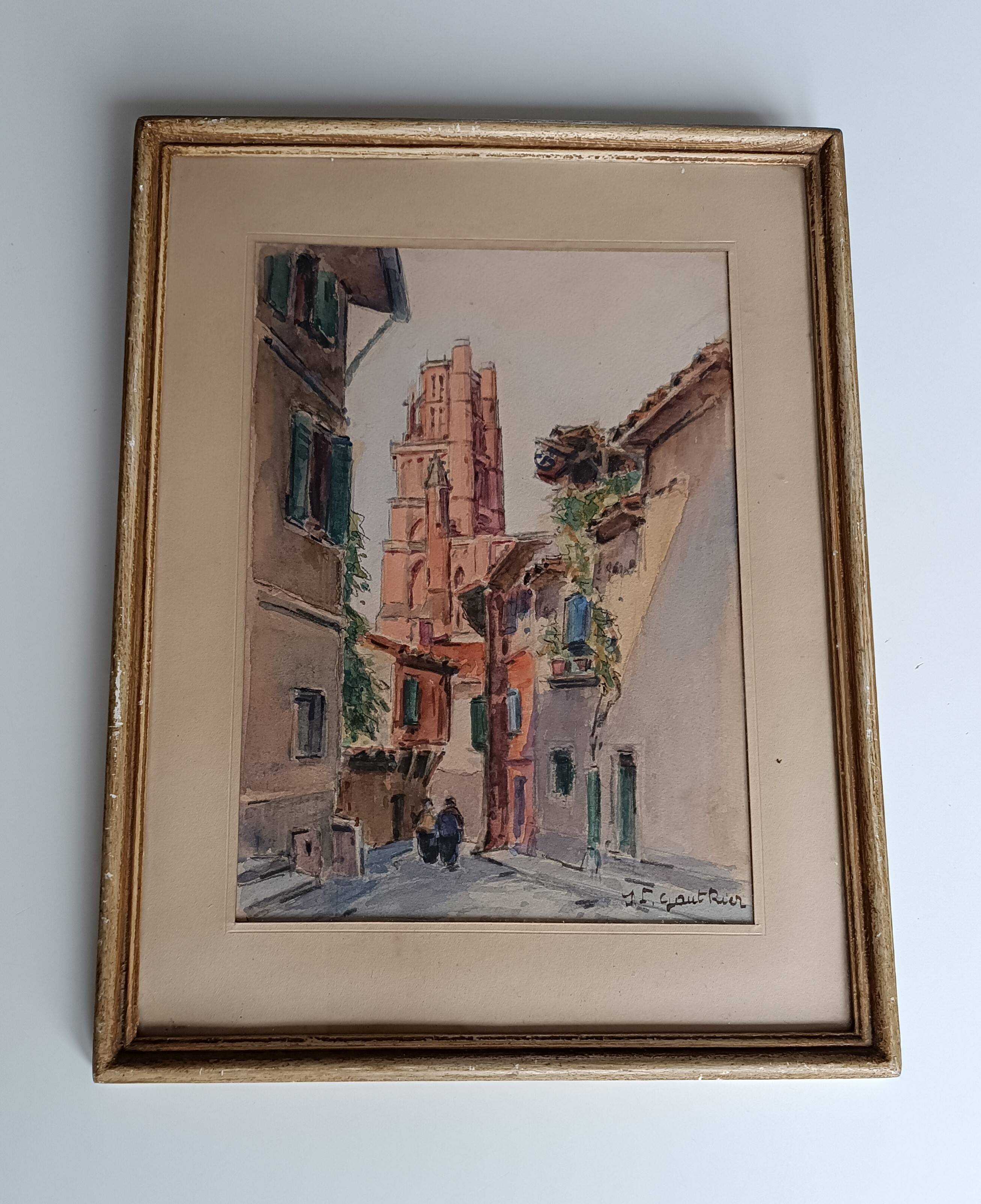 Signed watercolor painting View of Albi Cathedral