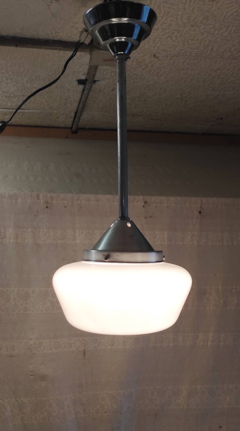 Metal Bauhaus suspension with opaline globe - mid 20th century.