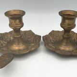 PAIR of BRASS table CANDLE HOLDERS with Flower Patterns