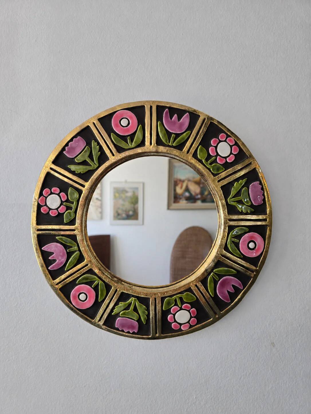 Mithé Espelt - glazed ceramic mirror. Floral decoration, 1960s.