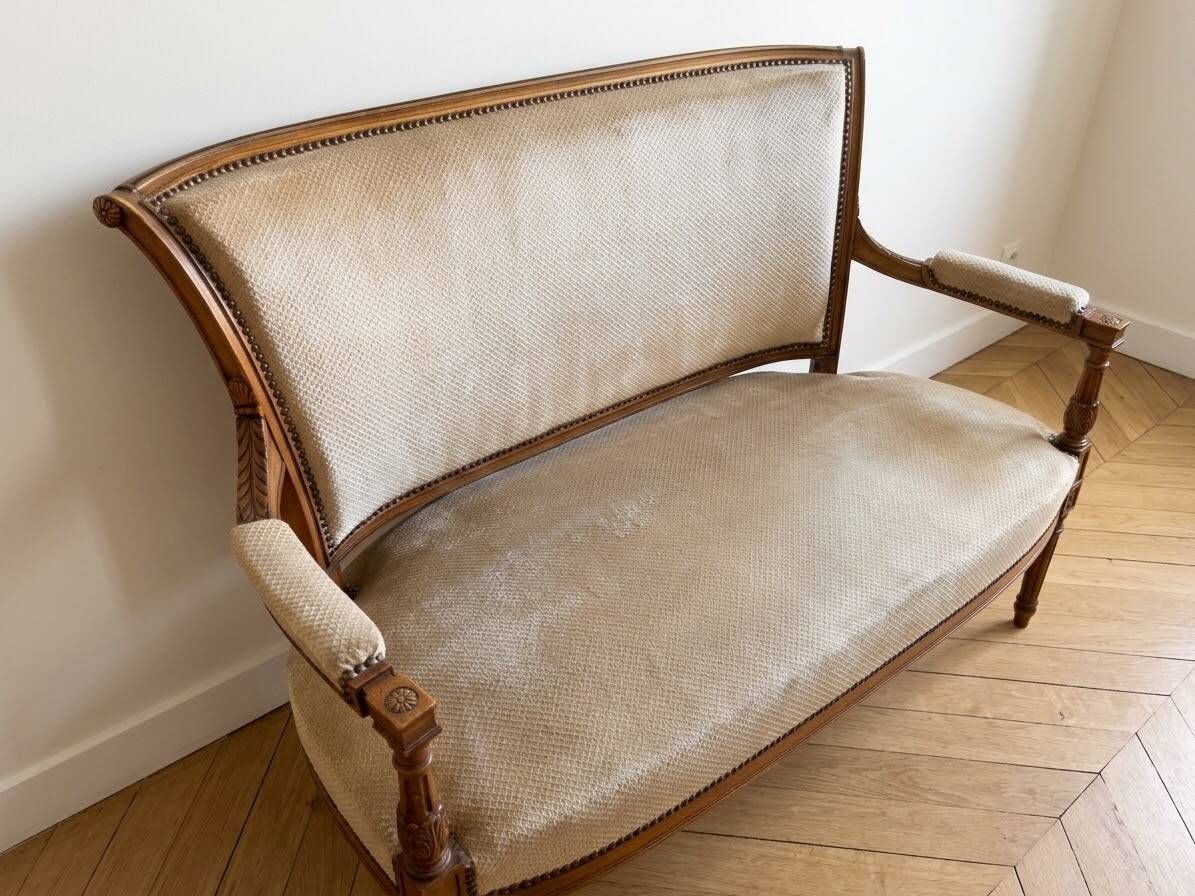 Louis XVI style antique canapé in wood and beige fabric.