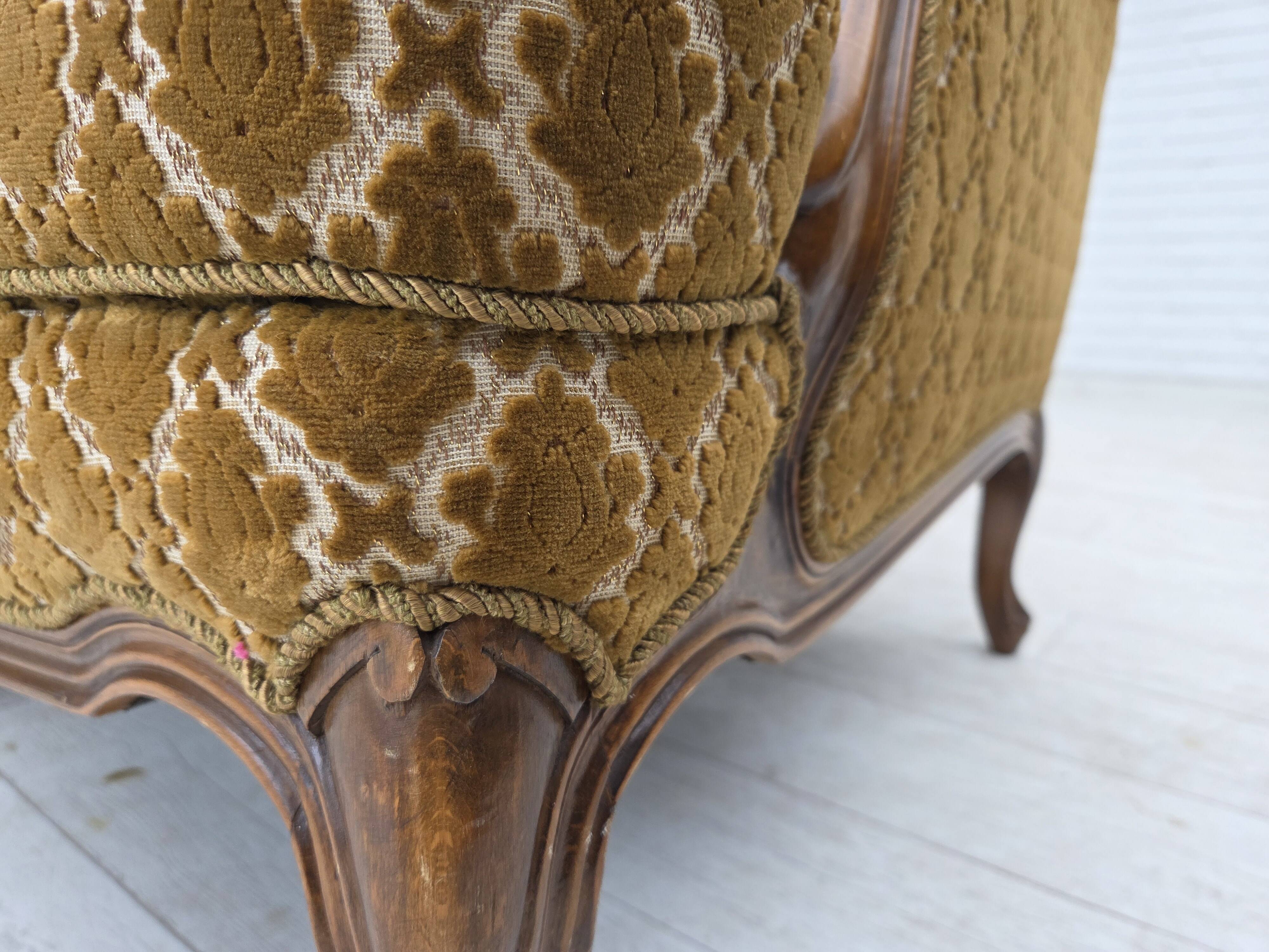 1950s, Danish 3-seater sofa, furniture velour, carved ash wood.