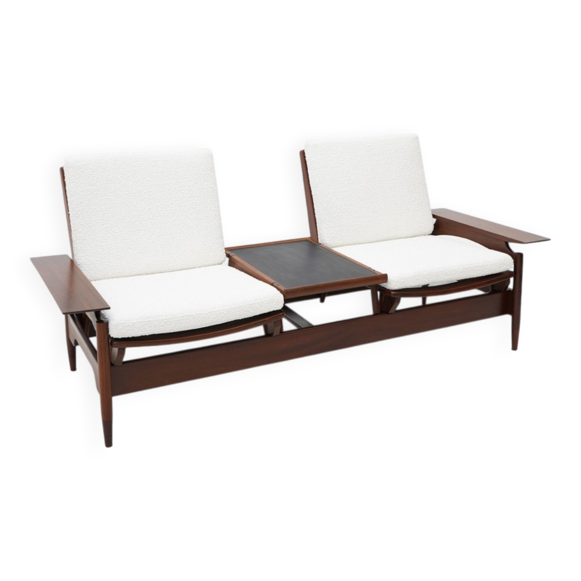 Wooden canapé and white boucle by Mario Franchioni for Framar, 1960s.