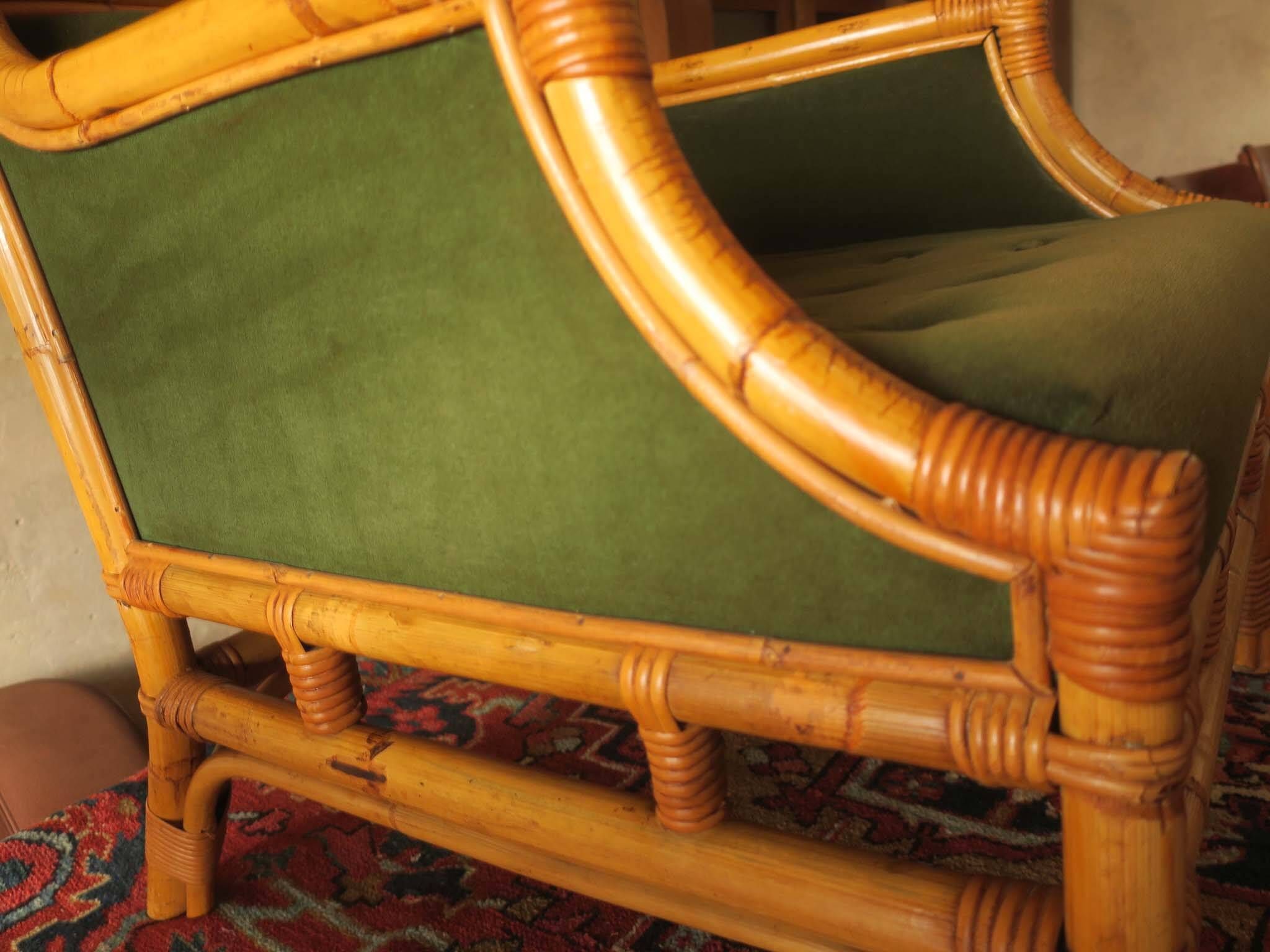 Mid-century wingback chair in bamboo and olive green, 1960s