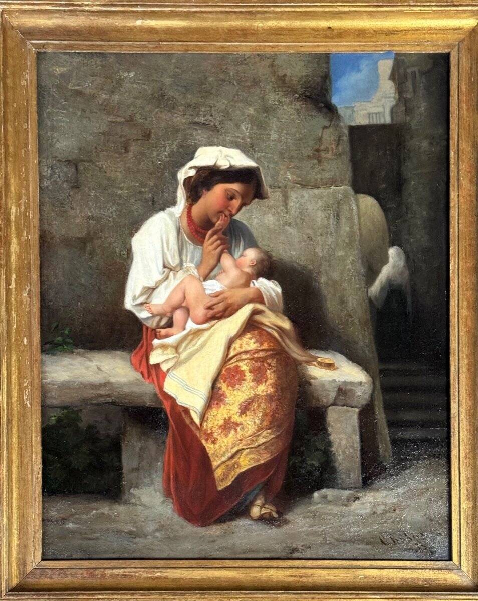 Maternity or Young Peasant Woman and Her Child, Signed C Bühler, Italy 19th C.
