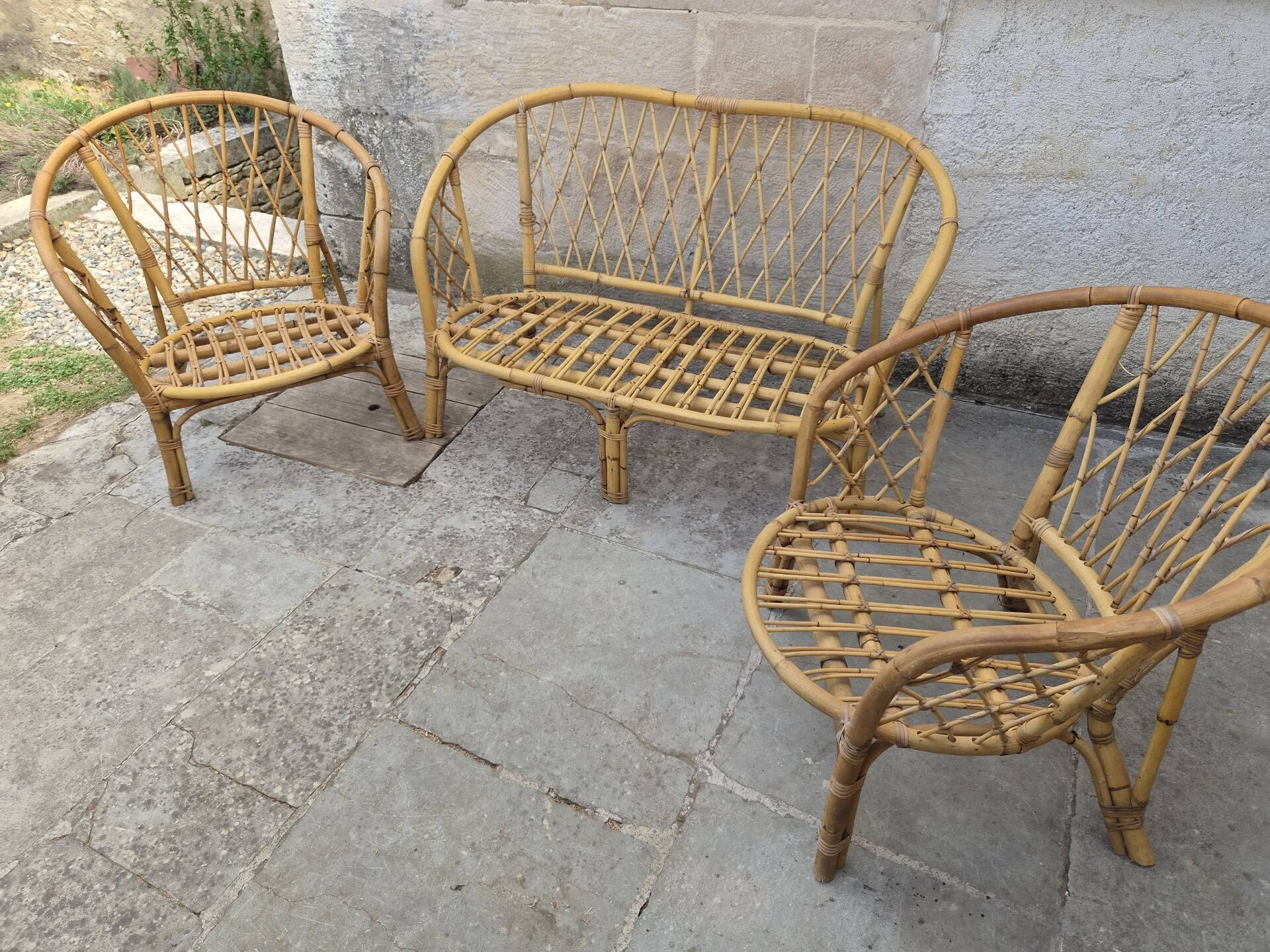 Salon de jardin Vintage en bambou et rotin - Années 60/70