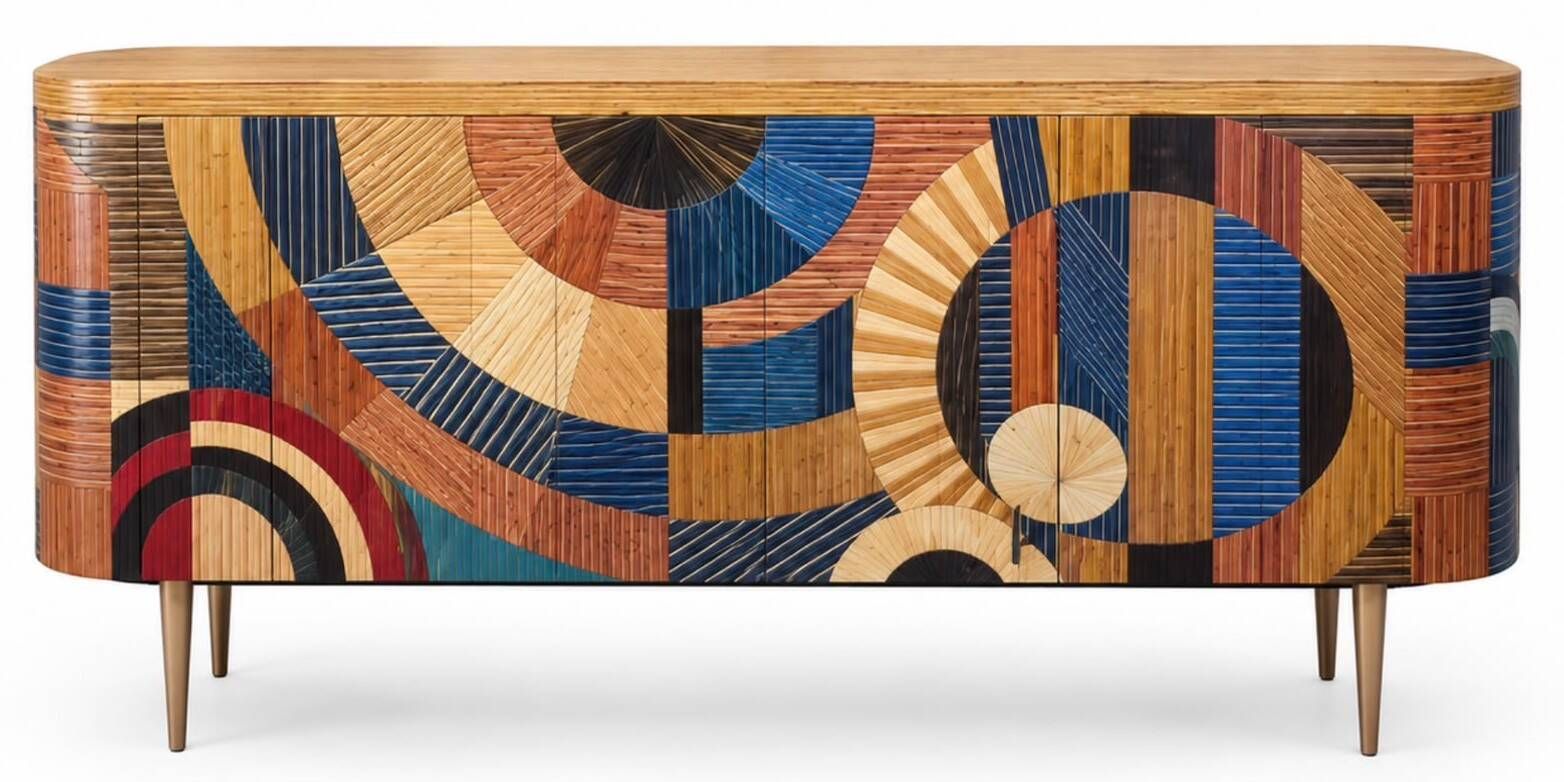 A beech wood Art Deco sideboard with polychrome marquetry.