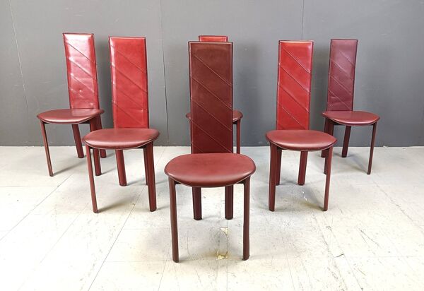 Chaises de salle à manger italiennes vintage en cuir rouge à dossier haut, lot de 6, années 1980