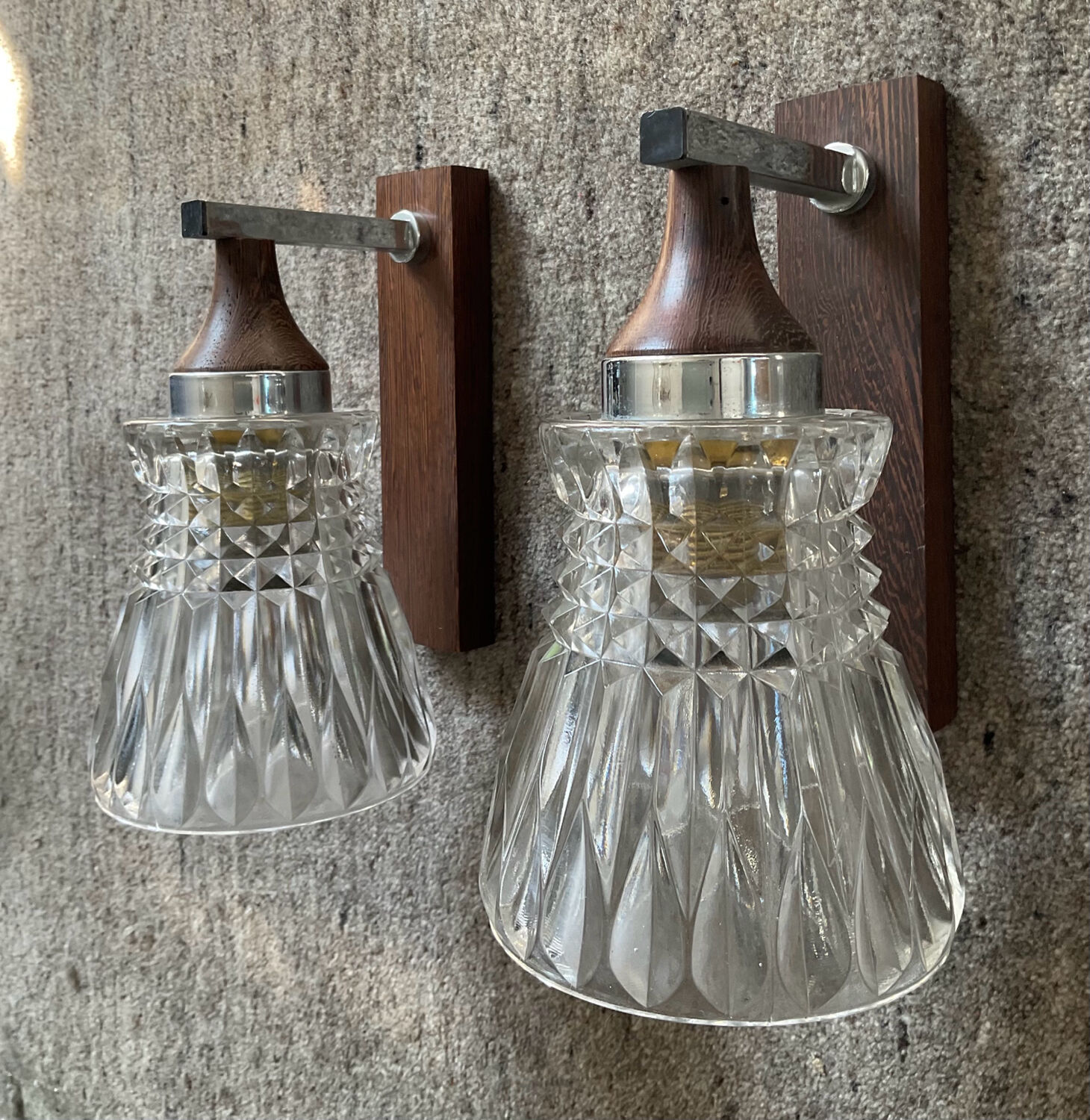Pair of 60s teak and molded glass sconces